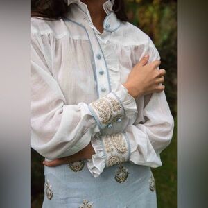 Rosewater House White Cotton & Silk Embroidered Cypress Blouse